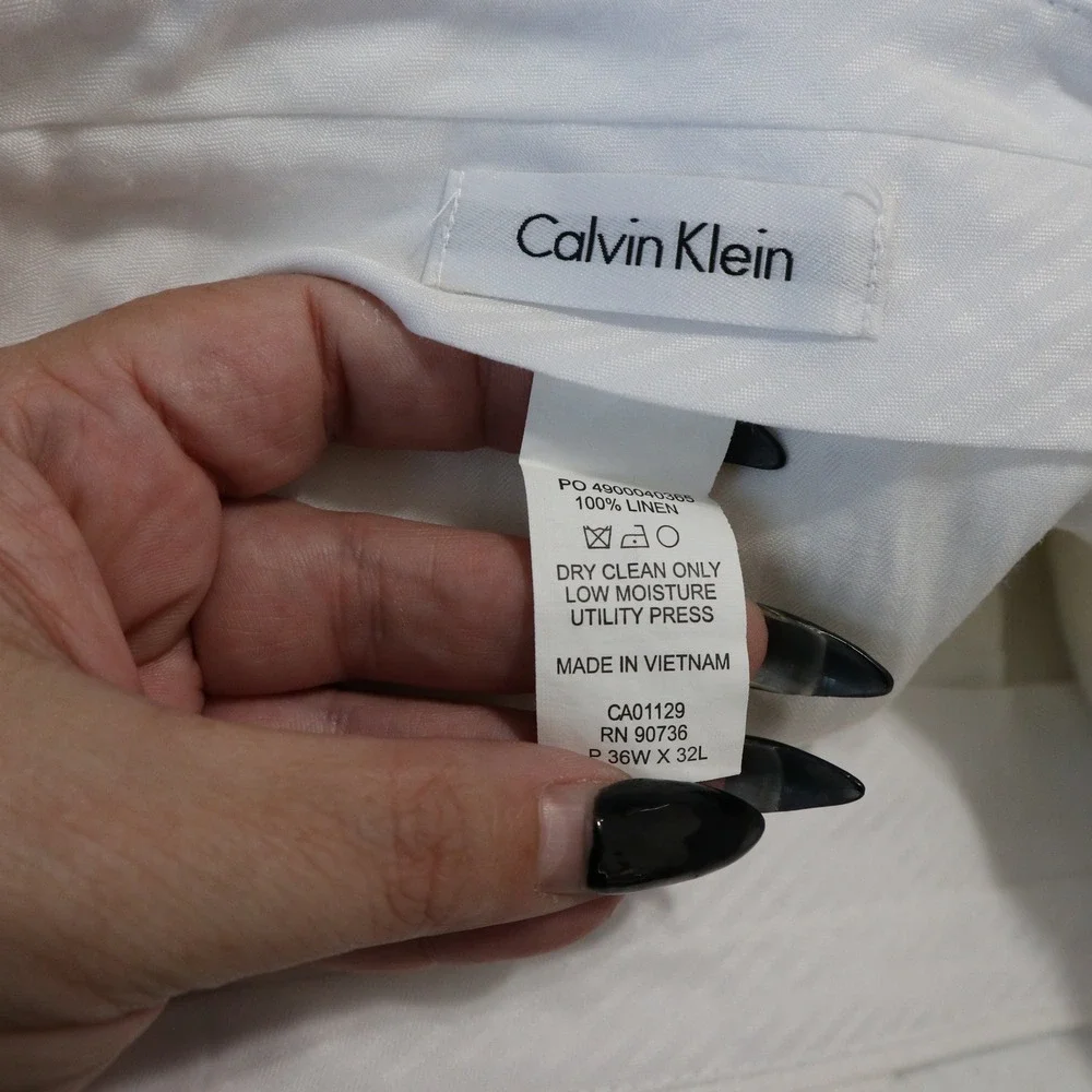 Calvin Klein Flat Front Mens 36x31 Linen Dress Pants White Summer Beach Wedding